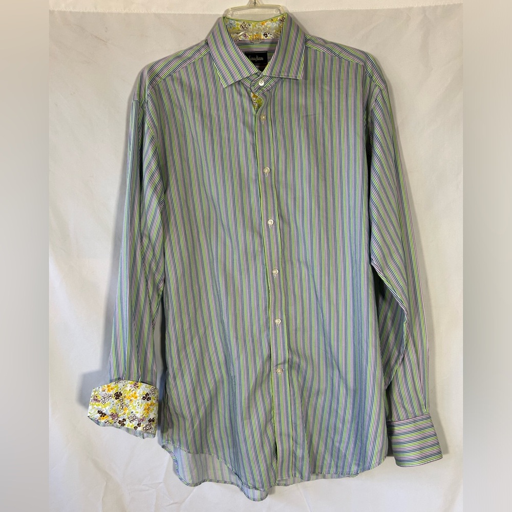 NEIMAN MARCUS DESIGNER RAINBOW STRIPES FLIP CUFF BUTTON DOWN SHIRT MENS LARGE
